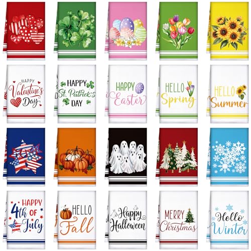 FuWeave 20 Pcs Holiday Kitchen Towels Set Seasonal Decorative Hand Towels Bulk Summer Patriotic 4th of July Tea Dishcloths with Hanging Loop for Kitchen Bathroom Cooking(Fresh)
