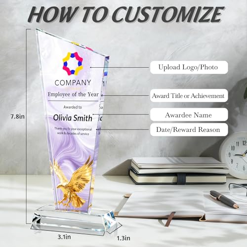 Image of Custom Crystal Trophy Award Personalized Plaque Award with Text Logo Photo Awards Trophies for Employee Recognition Team Graduation Personalized Office Gifts for Boss Coworker Teacher