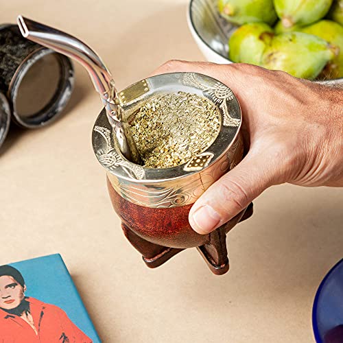 Thebmate [Premium Yerba Mate Cup (Mate Gourd) - Crafted Ceramic Teacup – Coppery Brown Leather Wrapped Handmade In Uruguay - Mate Imperial - Imperial Style (Brown) #TOP5