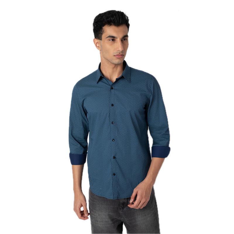 Image of MARK & ALBERT Men's Printed Full Sleeves Regular Fit Shirt Blue | 100% Cotton Stretchable Fabric