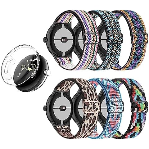 HQzon 6 Pack Nylon Bands Case Protector for Google Pixel Smart Watch Women and Men,Weave Elastic Wristband Watch Strap Cover Replacement for Google Pixel lte Watch-6 bands+ 1 Case Cover