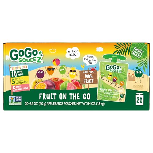 Image of GoGo squeeZ Applesauce and Fruit Puree Variety Pack, Apple, Mango Guava & Pineapple Passionfruit, 3.2 oz (Pack of 20), Unsweetened Fruit Snacks for Kids, No Gluten, Nut & Dairy, BPA Free Pouches