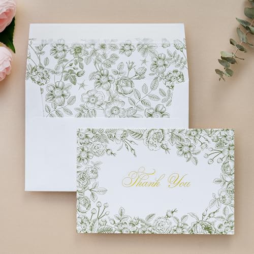 ponatia Wedding Thank You Cards With Envelopes, Sage Green Floral 50 Pack
