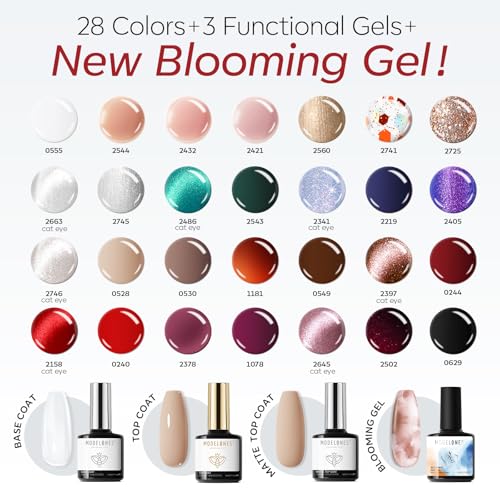 Image of modelones 32 PCS Gel Nail Polish Kit, 28 Colors Gel Polish with Blooming Gel, Base Coat, Glossy & Matte Top Coat Cat Eye Jelly Glitter Chameleon Soak Off LED Nail Art Kit Salon at Home