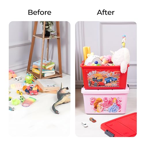 Image of Nayasa Toy Box Big Plastic Storage Box | Multipurpose Stackable Storage Box with Lid and Small Rolling Wheels | Ideal for Organizing Toys & Household Essentials | 50L | Red
