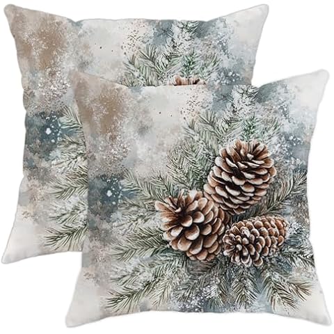 GDHBLING Christmas Pine Cones Throw Pillow Covers 20x20 Set of 2, Soft Aesthetic Xmas Holly Watercolor Pillow Cases Kit with Zipper, Art Velvet Decor for Couch Sofa Living Room Bed Cover