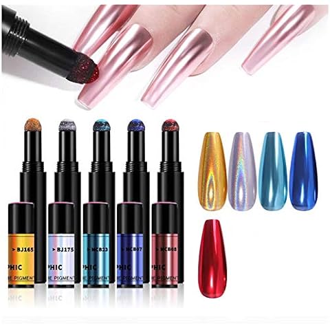 XICHEN 5 colors/set Chrome Air Cushion Nail Powder Pen Holographic Nails Powder with Mirror Effect, Manicure cushion magic pen, laser gold and silver colored phantom sponge nail pen Cover