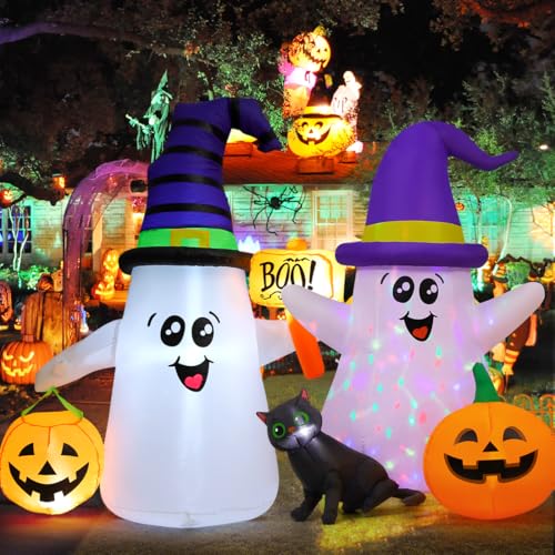 Image of GOOSH 5 FT Halloween Inflatables Ghost Decorations and GOOSH 5 FT Halloween Inflatables Ghost Outdoor Decorations Blow Up Yard Cute Wizard Ghost with Black Cat Pumpkin with Built-in LEDs