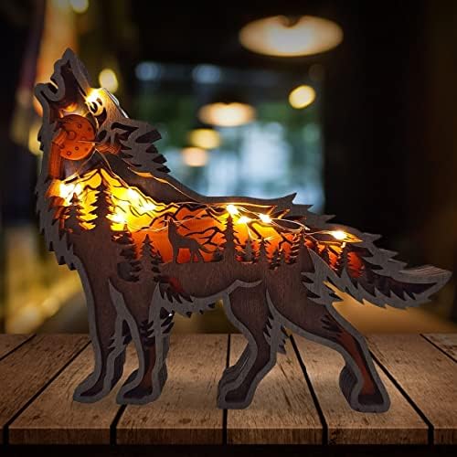 Your's Bath Animal Wood Carving Lights 3D Wooden Forest Animal Crafts, Christmas Ornaments Carved Landscape for Home Garden Bar Party Decor(Wolf)
