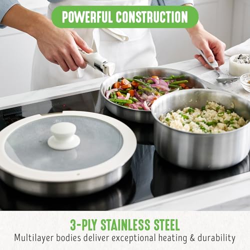 GreenLife 10 Piece Stainless Steel Pots and Pans, Detachable & Stackable Kitchen Set, Tri Ply Clad PFAS Free Cookware, Space Saving with Removable Handle, Induction & Oven Safe, RV Cookware, Glass Lid - Image 2