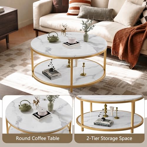 Image of 36 inch Round Gold Coffee Table, 2-Tier Modern White Marble Living Room Center Table with Storage Shelf, Faux Marble Top Cocktail Table, Luxury Circle Tea Table for Contemporary Home Furniture, White
