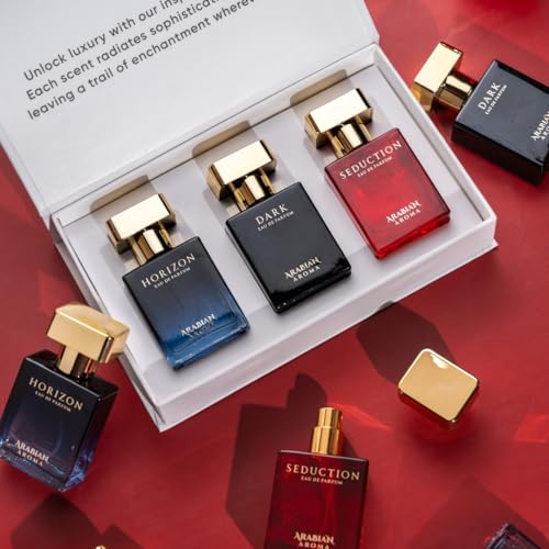 Image of Arabian Aroma Luxury Unisex Perfume Gift Set | Exotic Long Lasting Perfume for Men & Women | Eau De Parfum | Perfume Set for Couple Gift Pack | Seduction, Horizon & Dark (30ml)