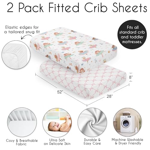 Image of Sweet Jojo Designs 2-Piece Baby Crib Sheets Set (Ballerina and Bows) for Girls, Infant Nursery, Toddler Room - Fitted, Standard Size (Pink Bow, Ballet Shoes, Dancer, Hearts, Stars, Princess, Tutu)