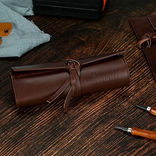 Echsrt Leather Pencil Case Roll Up Bag Pencil Pouch Wrap Foldable Tool Roll Supplies Art Stuff Organizer Vintage Gift For Office Artist Adults, Brown #TOP6