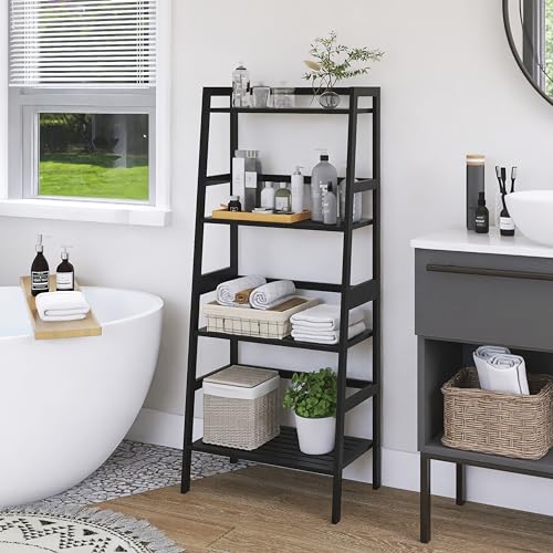 HITNET-Ladder-Shelf-Black-Bamboo-Bookshelf-4-Tier-Bathroom-Storage-Shelf-Unit-Plant-Stand-Freestanding-Open-Bookcase-for-Home-Office HITNET Ladder Shelf Black Bamboo Bookshelf 4 Tier Bathroom Storage Shelf Unit Plant Stand Freestanding Open Bookcase for Home Office