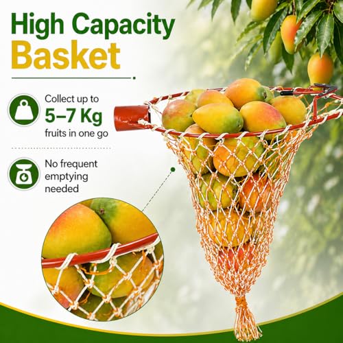 Image of Go Garden Mango Fruit Plucker with Net | Heavy Duty Fruit Picker & Harvester Tool | Mango Picker Nylon Net with Metal Frame | 5-7 Kg Capacity Fruit Basket | Garden Tool for Safe Picking
