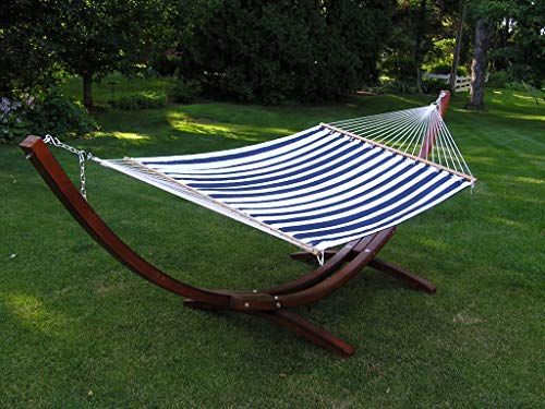 Deluxe Wood Arc Hammock Stand Including Two Person Blue and White Quilted Hammock