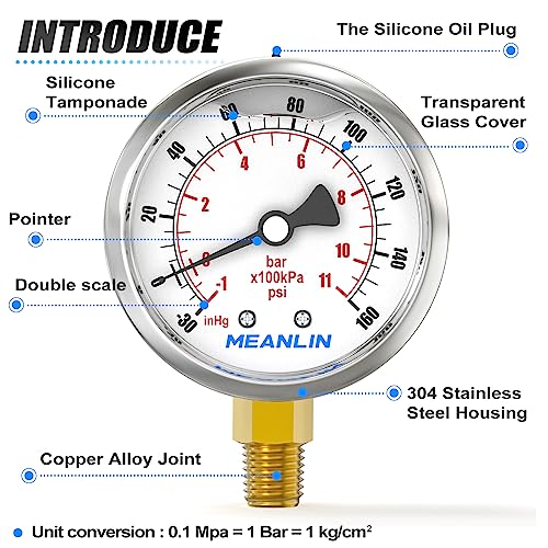 Image of MEANLIN MEASURE -30inHG~160Psi Stainless Steel 1 /4 inch NPT 2.5 inch FACE DIAL Vacuum Pressure Gauge, Lower Mount, with 1 /2 inch NPT and 3 /8 inch NPT Hex Bushing