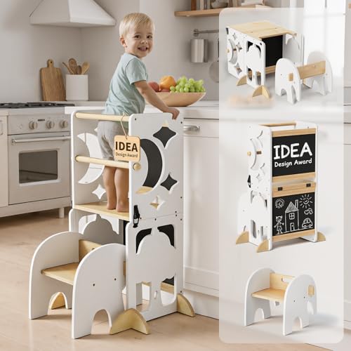 COSYLAND Lernturm ab 1 Jahr, klappbar – 4in1 Lernturm Kinder mit Doppeltafel, Stehhilfe & Schreibtisch mit Stuhl, Elefanten-Hocker als Tritthocker, Weiß/Natur
