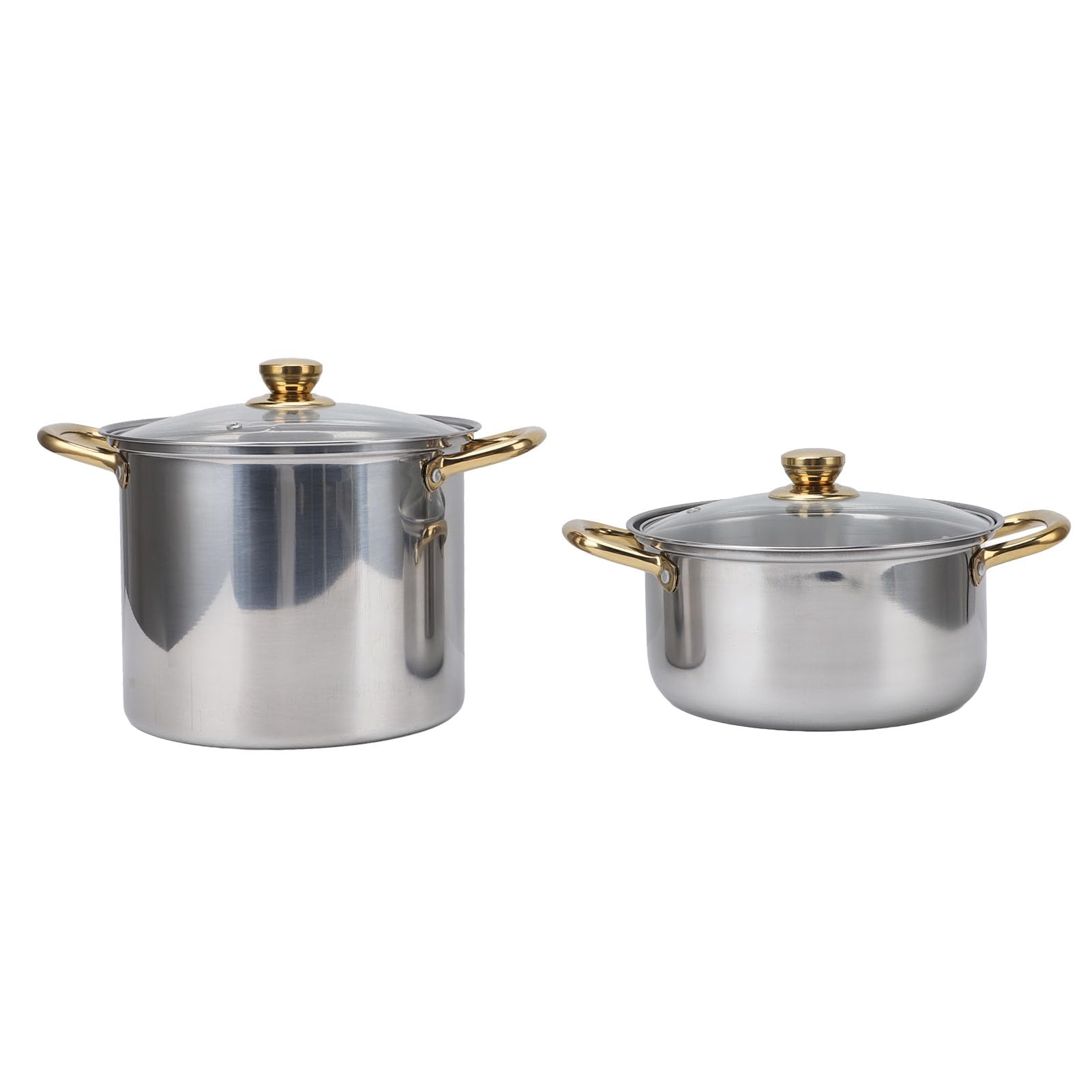 Juego de utensilios de cocina ergonómicos de acero inoxidable con asas doradas, ollas y sartenes multifuncionales con tapas de cristal, ideal para cocina