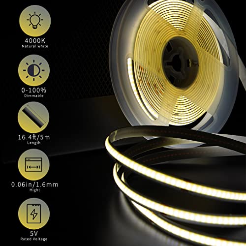 Image of Kanemc COB LED Strip Light Natural White 16.4ft, 5V Motion Sensor Led Rope Lights 4000K, USB Powered, High CRI, Flexible, Dimmable Lighting for Bedroom, Wine Shelf, Kitchen Cabinet, Home DIY