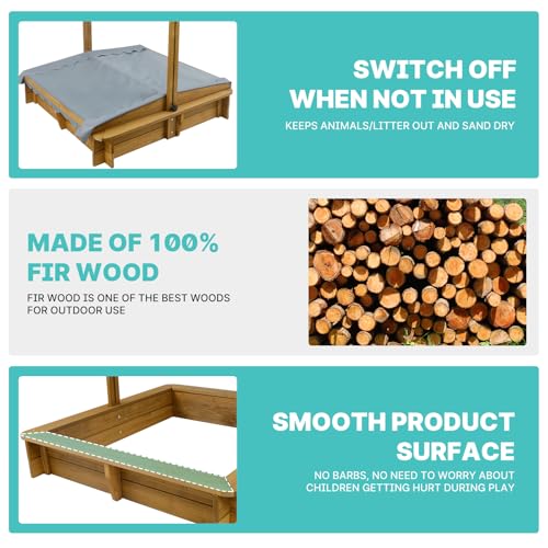 Outdoor Kids Sandbox with Lid, Wooden Sand Box with Cover, Adjustable Canopy & UV-Protection, Natural fir/Smooth Surface, Sand Box for Kids Ages 2-8(45.3x45.3in)