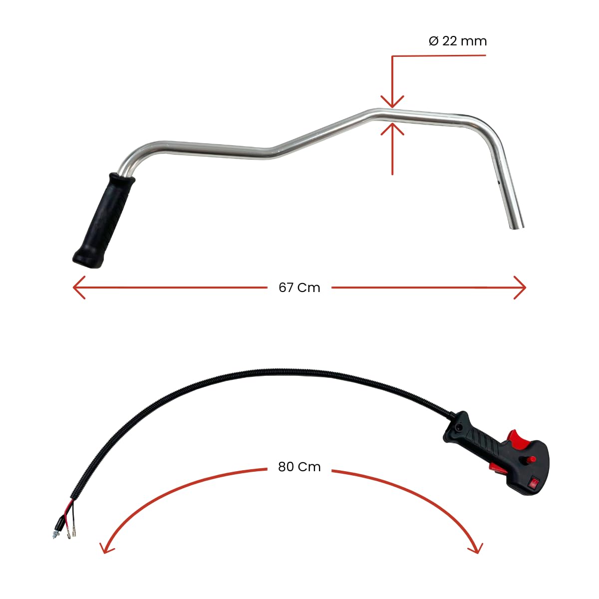 Manubrio universale in alluminio per decespugliatore 22 cm - Include telecomando acceleratore con cavo 1 mm (ø 22 mm) per un controllo preciso, comodo e facile da montare