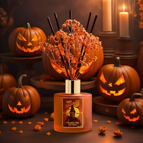 Image of COCORRINA Reed Diffuser - Pumpkin Chai 6.7 fl oz Scented Diffuser with 8 Sticks Home Fragrance Bathroom Shelf Decor (Halloween Collection)