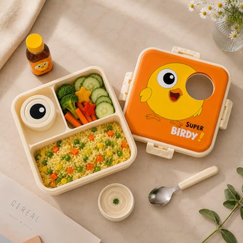 Image of ExtraCharm School Lunch Box with 3 Compartments & Sauce Container | Leak-Resistant Bento Tiffin Box for School, Office & Travel | Food Storage Box -Orange