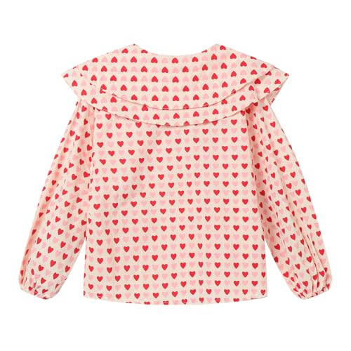 LittleSpring Little Girls Button Down Shirt for Kids Peter Pan Collar Heart Printing Blouse Long Sleeve Valentine's Day Tops Pink Size 7-82
