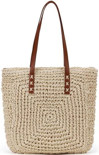 Straw Beach Bag Leather Tote Bag for Women Woven Shoulder Crochet Purse Beach Clutch Purses for Travel Vacation