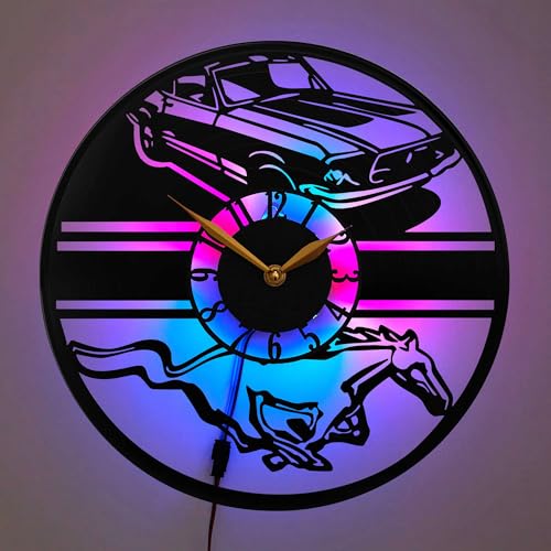 Wall Clock with Multicolor Led Light, Gifts for Mustangs Lovers, Black