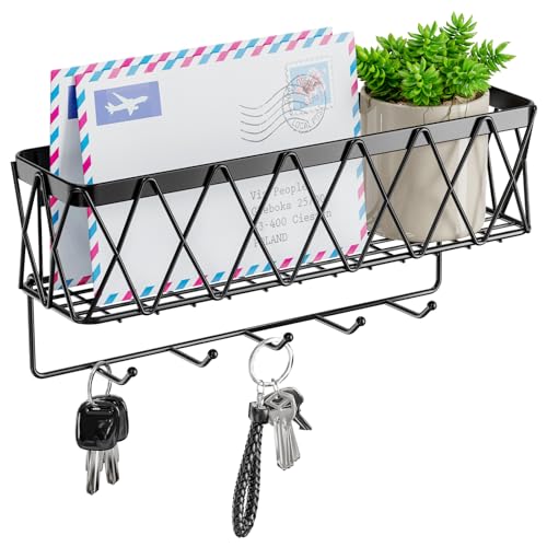 Image of Key Holder Wall Mount Adhesive- Key and Mail Holder for Wall with 5 Hooks, Wall Mounted Mail Organizer and Key Rack, Modern Basket Key Hanger for Entryway, Home, Living Room Wall Decor, Black