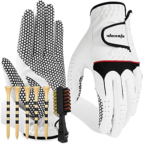 wosofe Men’s Golf Glove Left Hand Non-Slip Palm Pu Premium Leather Soft Durable Comfortable All Weather with Five Tees and Brush(Small) Cover