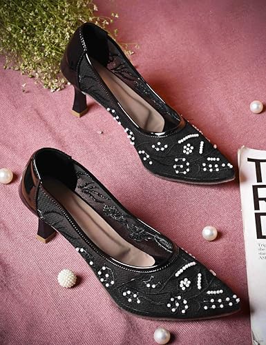 Image of TRYME Floral Embroidered Stiletto Heels for Women | Elegant Mesh High Heels with Stylish Feminine Design