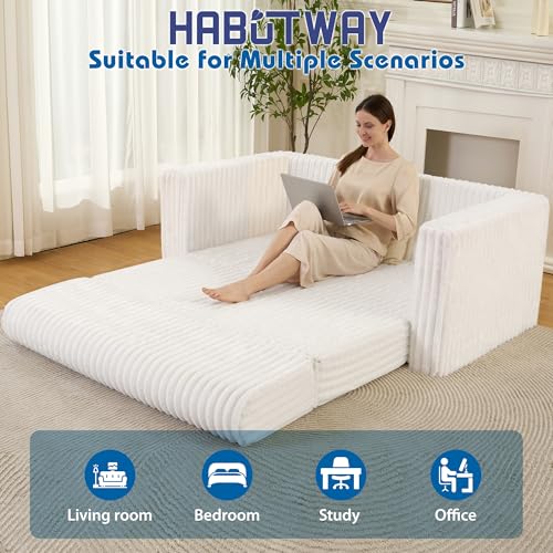 Image of HABUTWAY 49.8 inch Loveseat Boneless Couch, 4-in-1 Convertible Sofa Bed, Plush Fur Folding Futon Sofa Bed Couches Without Pillow for Living Room, High-Density Foam Support, No Assembly Required, Beige