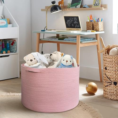 Image of MEGASKET Extra Large Pink Basket, 22 inchx22 inchx14 inch Woven Cotton Rope Bin with Handles, Blanket Storage for Living Room, Baby Kids Toy Storage Bin Box, Wicker Laundry Basket, Pink Room Decor Organizing