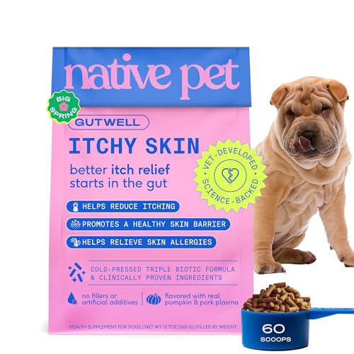 GutWell Itchy Skin - Dog Itching Skin Relief & Seasonal Allergy Itch Relief for Dogs - Promotes Skin Hydration, Elasticity & Healthy Barrier with Triple-biotic Blend, Zinc, & Vitamin E - 60 Scoops