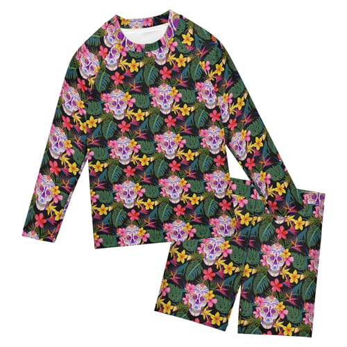 Skull Flower Toddler and Baby Boys' 2-Piece Swimsuit Trunk, Long Sleeve Rashguard Bathing Suit B0404436