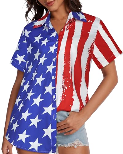 Image of Women Hawaiian Shirt Button Down Summer Tops Beach Short Sleeve Blouse