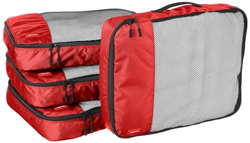 Amazon Basics 4 Piece Packing Travel Organizer Zipper Cubes Set, Large, Red