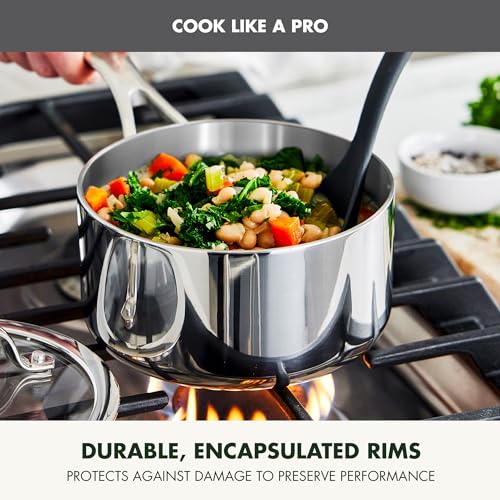 Image of GreenPan Valencia Tri-Ply Stainless Steel 1.6QT Sauce Pan with Lid, Induction Ready, Mirror Finish, Dishwasher Safe & Oven /Broiler Safe to 600F, Compatible with All Cooktops, Chefs Cooking Pot