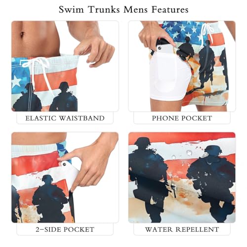 Mens Swim Trunks with Liner, Soilder American Flag Cool Quick Dry Beach Swim Shorts, Swimwear Bathing Suits S3