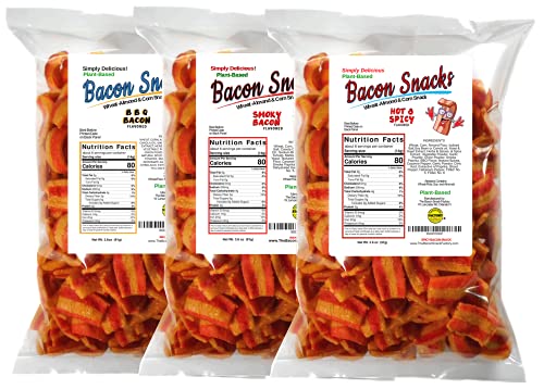 The Bacon Snacks Variety pack of 3.6 oz each (1) BBQ Bacon (1) Hot & Spicy Bacon (1) Smoky Bacon, Cracklings, Plant Based Snacks, Keto Snacks, Healthy Snacks, Low Carb, Low Calorie, Meatless