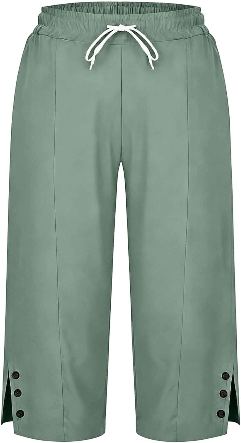 Womens Casual Capri Pants Cotton Linen Button Trim Side Slit Capris with Pocket Lightweight Summer Cropped Pant