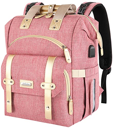 Image of Jiefeike Diaper Bag Backpack, Pink Baby Girls Diaper Bag for Mom, Travel Baby Bags Backpack for Women, Insulated Pockets Portable toddler diaper bag with USB Charging Port, RFID Anti-Theft Pocket