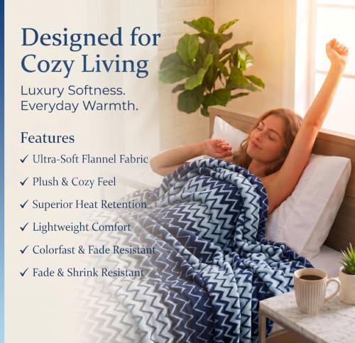 Image of SANMARINO Premium 300 GSM Double Bed Flannel Blanket | Ultra Soft Zig Zag Plush Blanket | All Season Lightweight & Cozy | AC Blanket for Bed, Sofa, Couch, Travel & Camping | 220x230 cm,Blue
