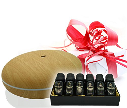 Aromatherapy Diffuser with Essential Oil Gift Set – Bundle with Smiley Daisy Best Ultrasonic Diffuser and 100% Pure Essential Oils – for Moms Dads and Kids (Hibiscus Brown w/Juju Aroma Gift Set)