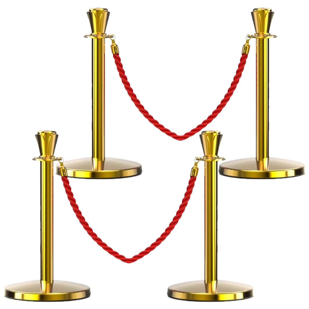 YVYKFZD 23,6-Zoll Absperrpfosten Set, Edelstahl-Stütze Absperrung Sperrpfosten, professionelle Personenleitsystem mit 4,9 Fuß geflochtenem Seil, Sicherheitsbarrieren(Gold,4 Pack)