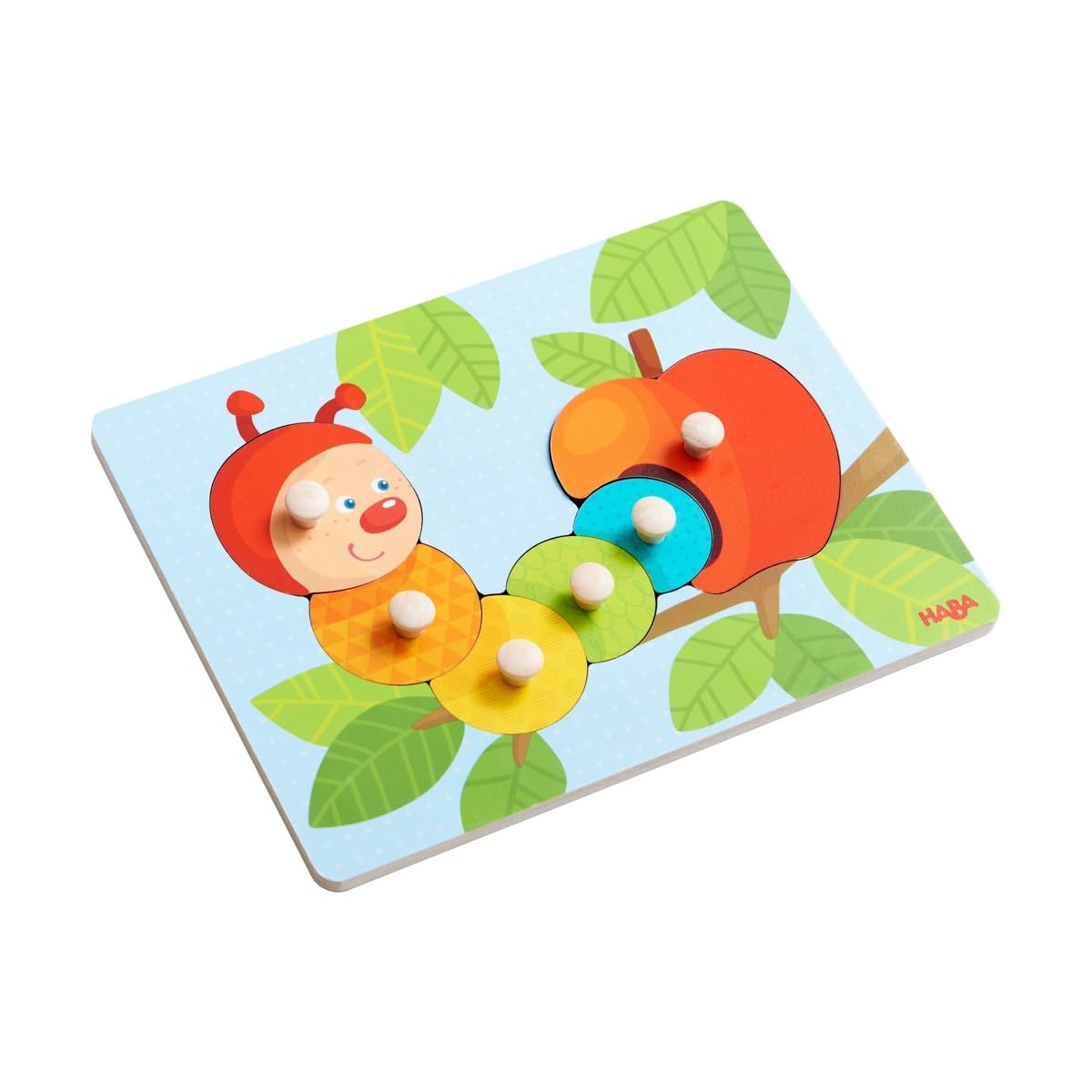 HABA 303189 HABA 303189 Mina Caterpillar Grabbing Puzzle 6-Piece Wooden Puzzle with Caterpillar and Apple with Large Non-Slip Wooden Buttons Wooden Toy from 12 Months Transparent